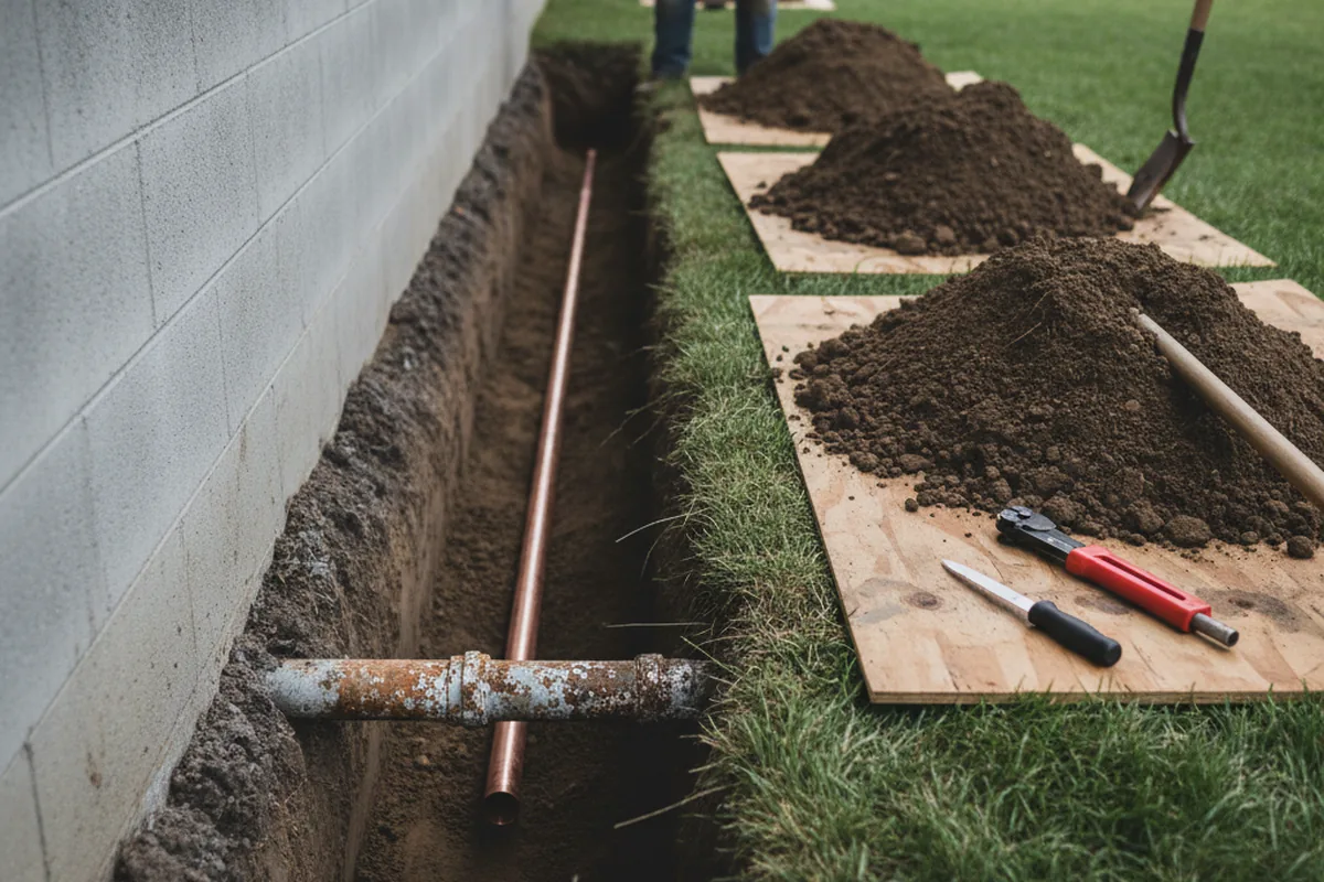 Excavated water line trench during Water Softener Installation in Willimantic